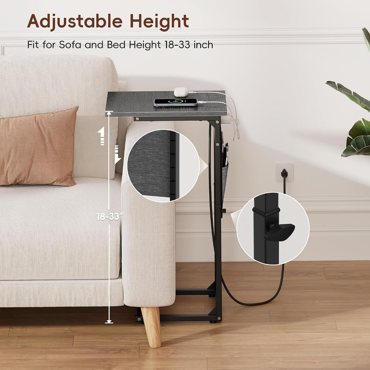 C Shaped End Table with Charging Station, C Table End Table Adjustable Height, Small Side Table for Couch, Sofa Table Slide Under Couch TV Tray Arm Table for Living Room, Bedroom, Gray Walnut - Image 4