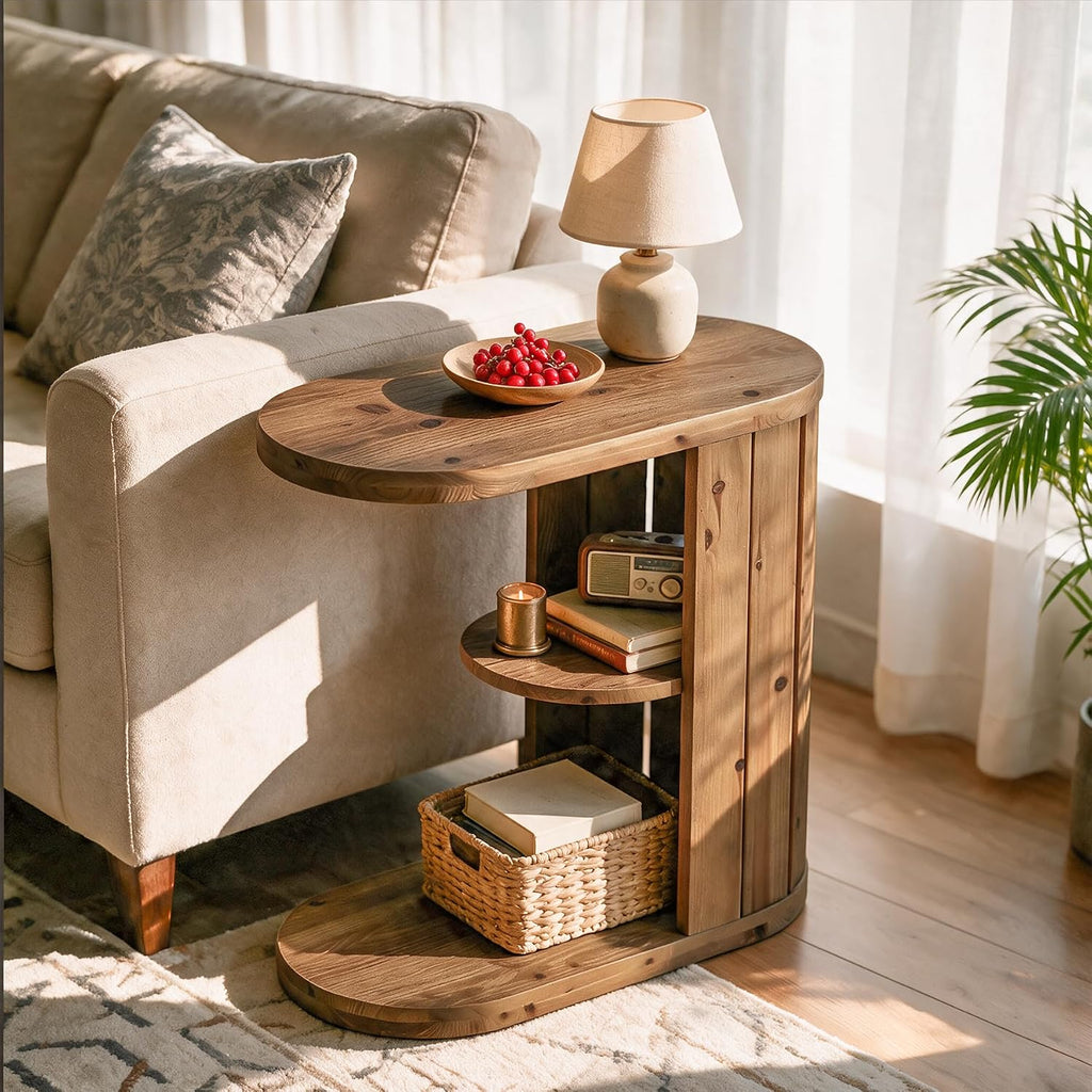 Solid Wood Side Table, C-Shaped Small End Table with Storage - Image 3