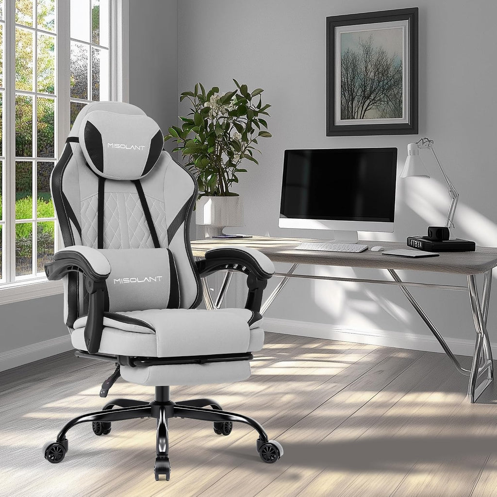 Misolant Gaming Chair, Fabric Gamer Chair with footrest for Adults, High Back Ergonomic Computer Game Chair with Adjustable Headrest and Massage Lumbar Support, 90-155° Recline Free, Gray - Image 2