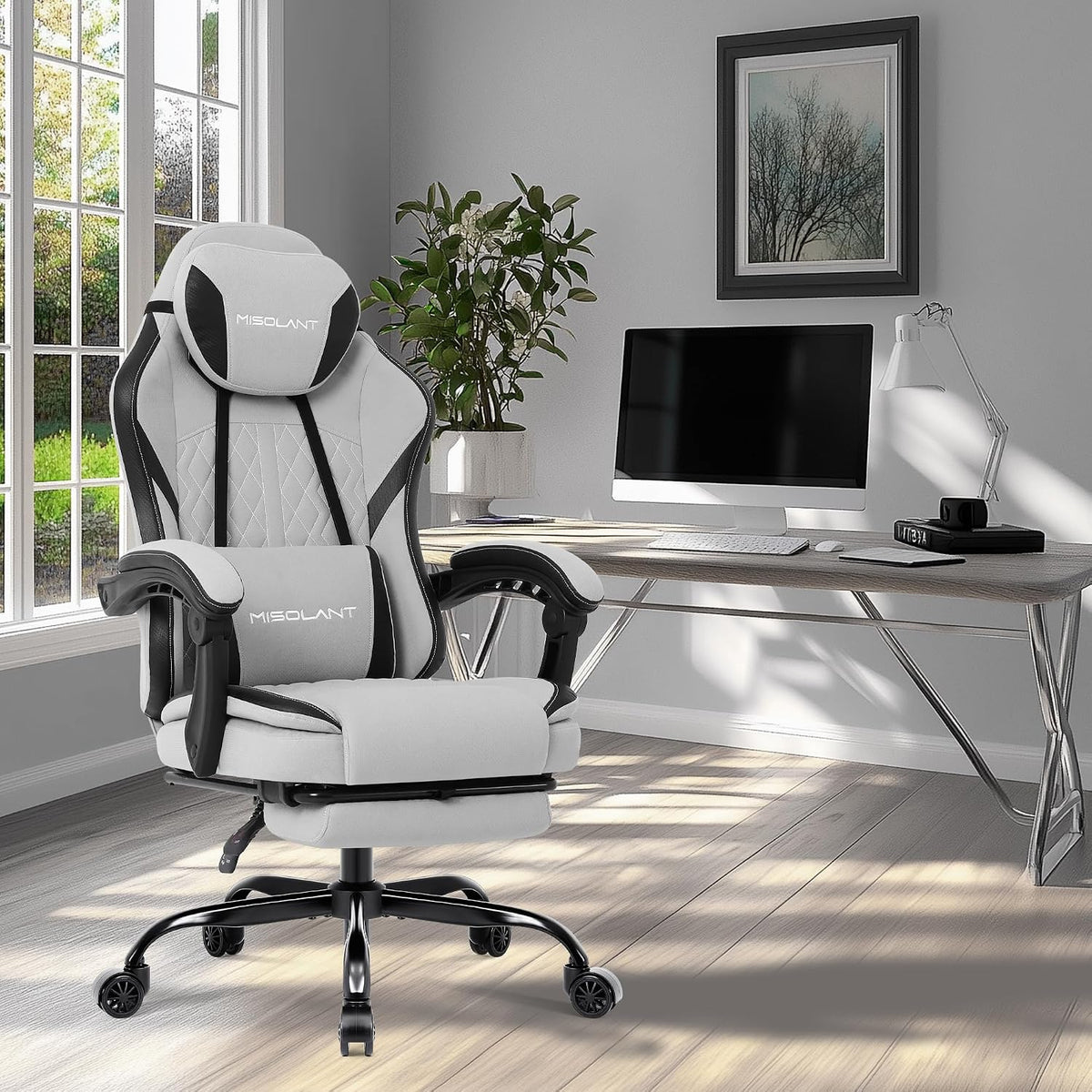Misolant Gaming Chair, Fabric Gamer Chair with footrest for Adults, High Back Ergonomic Computer Game Chair with Adjustable Headrest and Massage Lumbar Support, 90-155° Recline Free, Gray - Image 2