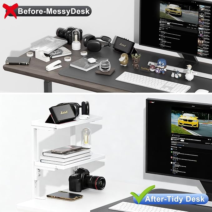 Spacrea Clamp on Desk Shelf, 2 Tier Office Desk Shelves Organizer, Wood Desktop Supplies Storage Rack, Desk Organizers and Accessories (White) - Image 4