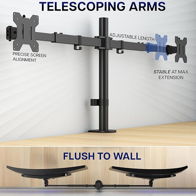 VIVO Premium Dual Ultra Wide LCD LED 27 to 38 inch Monitor Desk Mount, Heavy Duty, Adjustable Telescoping Arms, Flush Wall Setup, Fits 2 Screens, Black, STAND-TS38C - Image 3