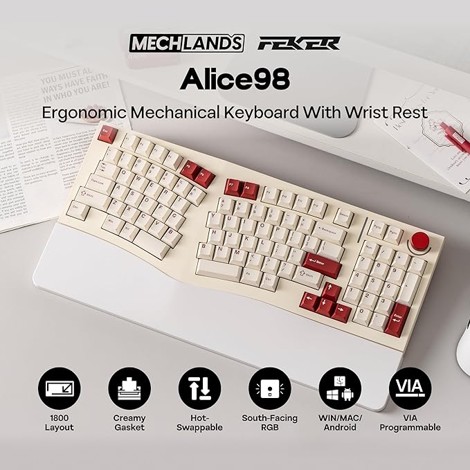 MechLands Feker Alice98 Ergonomic 98 Keys Custom Mechanical Keyboard | VIA Programmable, USB-C Wired Gaming Keyboard, Hot Swappable, 5 Layer Paddings, Control Knob, NKRO, RGB for Win/Mac (Beige) - Image 2