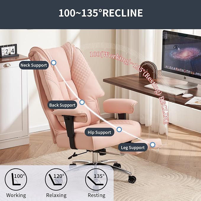 EXCEBET Big and Tall Office Chair 400lbs Wide Seat, Leather High Back Executive Office Chair with Foot Rest, Ergonomic Chairs Lumbar Support for Lower Back Pain Relief (Light Pink) - Image 5
