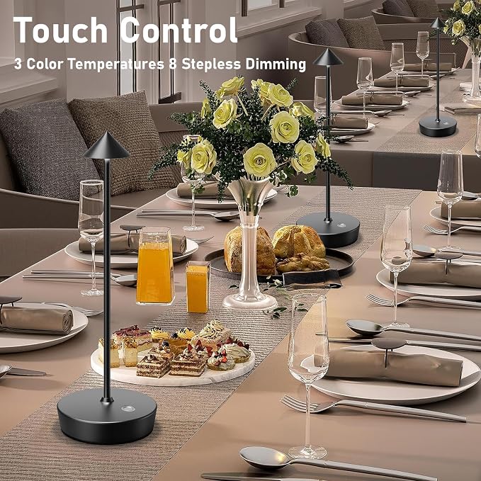 Set of 2 Cordless Rechargeable Led Table Lamp Battery Operated Light Black | 6000mAh Desk Lamp Touch 3 Color Dimming Portable Outdoor Waterproof Table Light for Patio/Restaurant/Dining/Home - Image 4