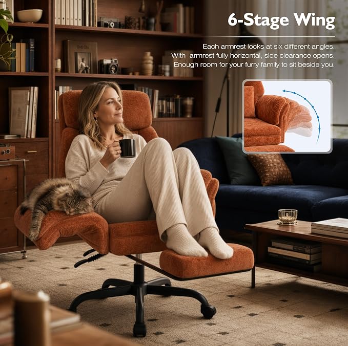 C57 Ergonomic Reclining Office Chair with Footrest, Velvet Desk Chair with 6-Stage Adjustable Wing Armrests for Cross Legged Sitting, Pet Friendly High Back Lounge Gaming Chair for Home Office - Image 4