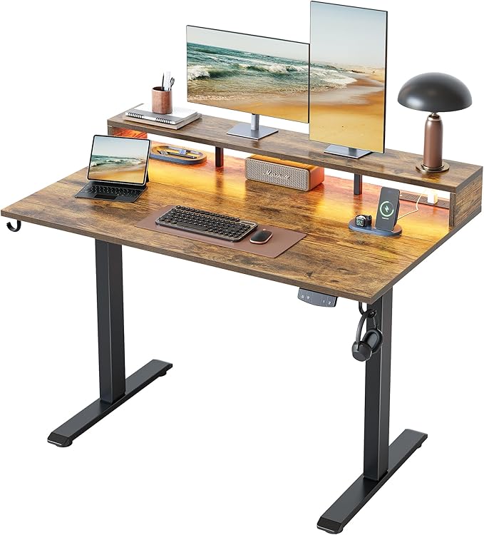 Klicelor Electric Standing Desk with Shelf, 48 Inch Height Adjustable Desk with Power Outlets & LED, Sit Stand Up Table with Monitor Stand, Computer Workstation for Home Office, Rustic Brown by Unknown