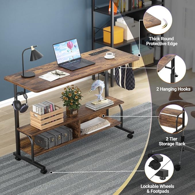 47" Rolling Standing Desk with Charging Station for Couch Bed | Height Adjust 27.5-41", 2 AC/3 USB, Mobile 4 Lockable Wheels, 2-tier Shelves Hook, Safe Corner Fast Assembly - Image 5