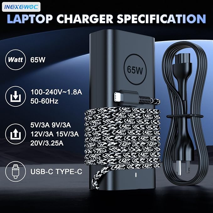 65W Laptop Charger USB C - Compatible with Dell Latitude 5420 5520 7420 7430 5430 5530 5540 5440 5450 5550 and Inspiron 14 16 XPS 13, Computer Type C AC Adapter Power Supply Cord - Image 4