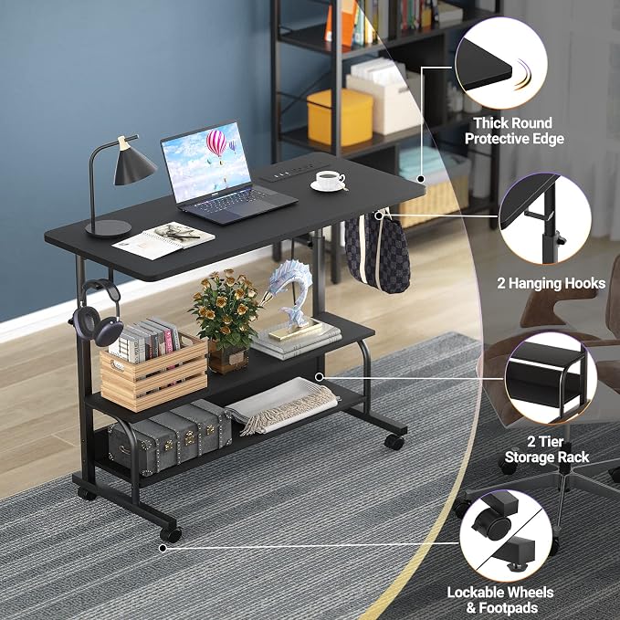 32" Rolling Standing Desk with Charging Station for Couch Bed | Height Adjust 27.5-41", 2 AC/3 USB, Mobile 4 Lockable Wheels, 2-tier Shelves Hook, Safe Corner Fast Assembly - Image 5