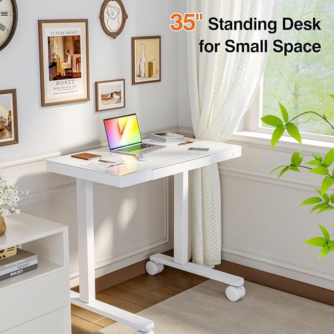 Monomi 35x20" Glass Electric Standing Desk with Drawer and Wheels, White - Image 9