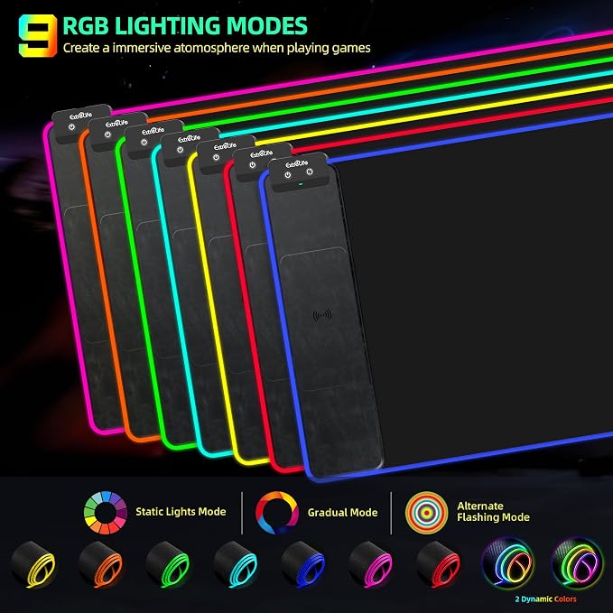 RGB Gaming Mouse Pad with Wireless Charging, Large Desk Mat, 31.5"x11.8" | XXL LED Mousepad, Ultra-Smooth Surface, Non-Slip Rubber Base, Waterproof Computer Keyboard Pad for Gamer, Black - Image 4