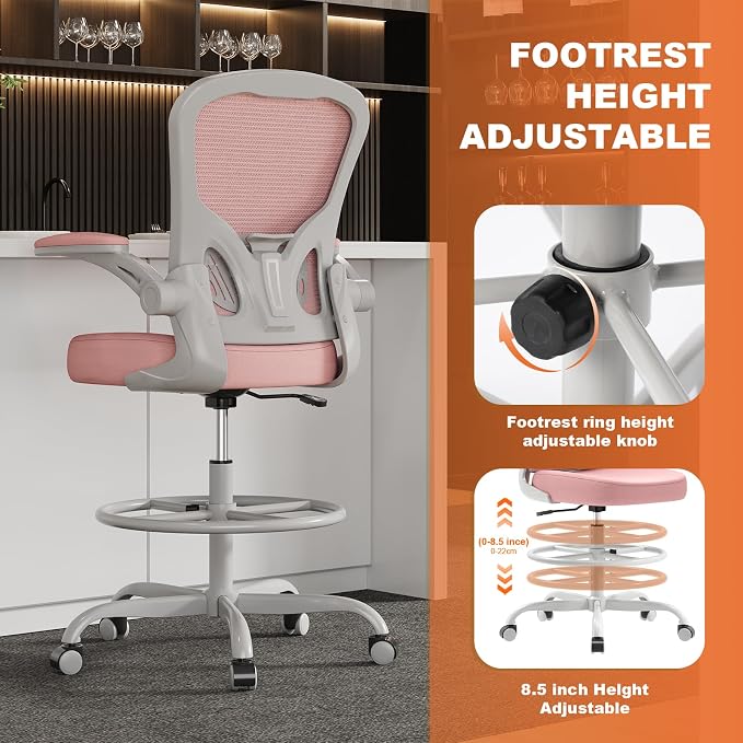 Ergonomic Tall Drafting Chair-Mesh Desk Chair with Flip-Up Arms | Adjustable Height,Lumbar Support,Adjustable Footrest Ring,Standing Desk,Breathable Backrest - Image 5