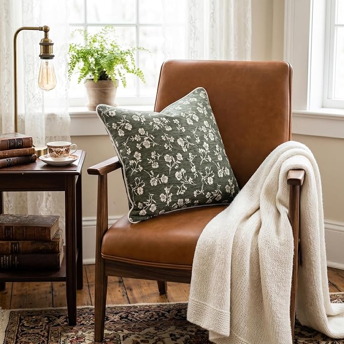 20x20 Chenille Jacquard Throw Pillow Cover, Olive Green Vintage Floral Cushion Case with Piped Edges, Decorative Large Accent for Sofa, Bed & Couch, 2 Pack - Image 6