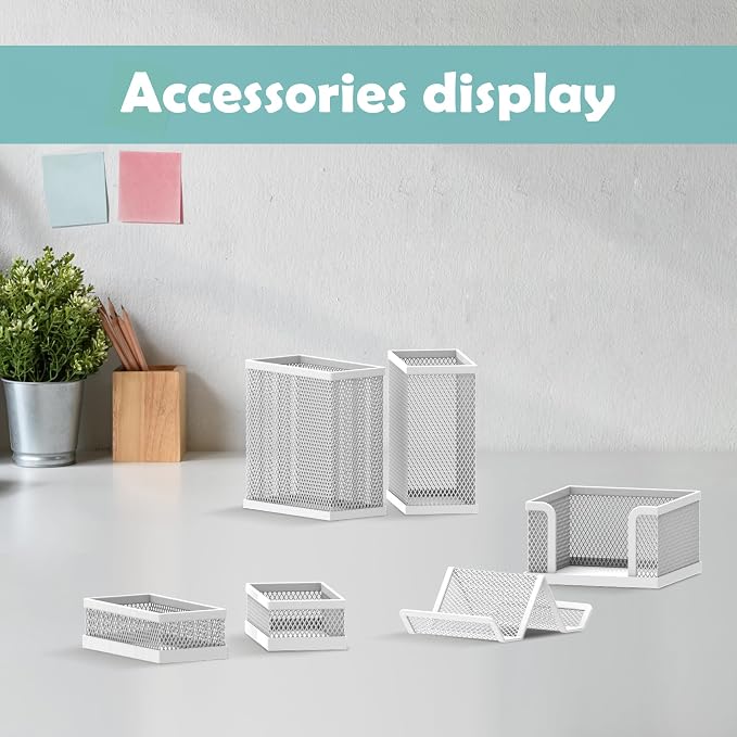 Pen Holder for Desk, 6-Piece Mesh Desk Organizer with Phone Holder, White | 6-Piece Black Mesh Desk Set Includes Pen Cups, a Sticky Note Caddy and Phone Holder for Office, School, Home - Image 2