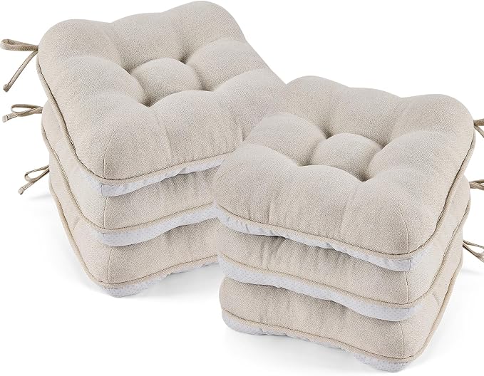 BETU Chair Cushions for Dining Chairs Set of 6,3.5" Thick Kitchen Table Chair Pads with Ties,Non Slip Backing and Covers, Seat Cushion for Dining Room,Bar,Patio Chairs,15.5"X15.5"X3.5",Beige by BETU