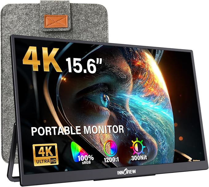InnoView 15.6 inch Portable Monitor 4K UHD 3840x2160 | 100% sRGB HDR | External Monitor with 2 USB-C & HDMI Ports | Travel Second Monitor for Laptop Mac PC Xbox PS5 Switch (Includes Adapter) by InnoView