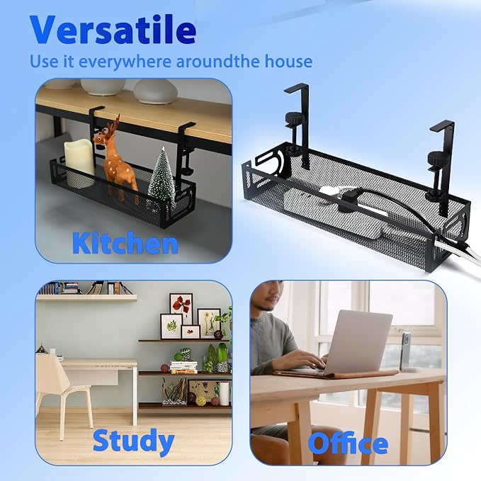 Under Desk Cable Management Tray Small – Clamp-Mounted Wire Organizer & Cord Management Under Desk Rack, No-Drill Metal Cable Organizer for Home Office (Black) - Image 6