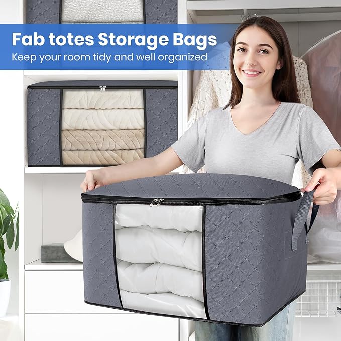 Fab totes 3 Pack Storage Bags for Clothes Blanket Storage Bins with Lids | Foldable Closet Organizers with Zippers,Window and Handles,Fabric Storage Bins for Sweater,Comforter,Bedding,Dorm essentials - Image 5