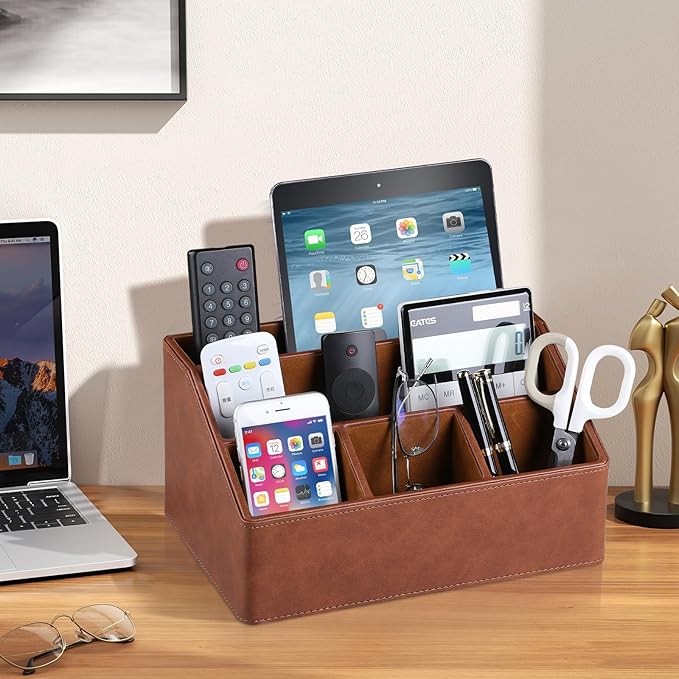 PU Leather Desk Organizer, Remote Control Holder, Brown | Luxury Nightstand Organizer for Home, Office Desk Accessories, Bedside Table Caddy with 5 Compartments, Velvet Lining - Image 3