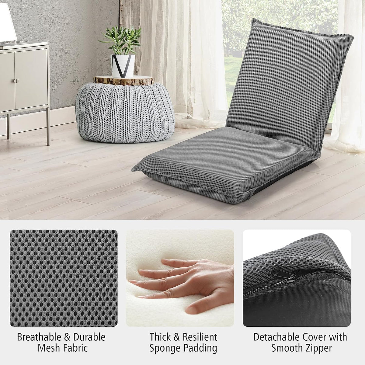 MAT EXPERT Adjustable Floor Chair, 6-Position Mesh Floor Gaming Chair, Folding Lazy Sofa Padded Lounger Recliner, Cushioned Floor Chair with Back Support for Reading, Meditating (Gray) - Image 6