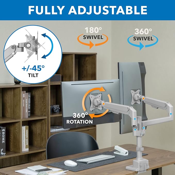 Mount-It! Dual Monitor Mount - Monitor Stands for 2 Monitors, Computer Arms on Desk Stand, Gas Spring Height Adjustable Desk Mount in Silver, VESA 75, 100 Fits Screens Up to 32", Silver Color - Image 9