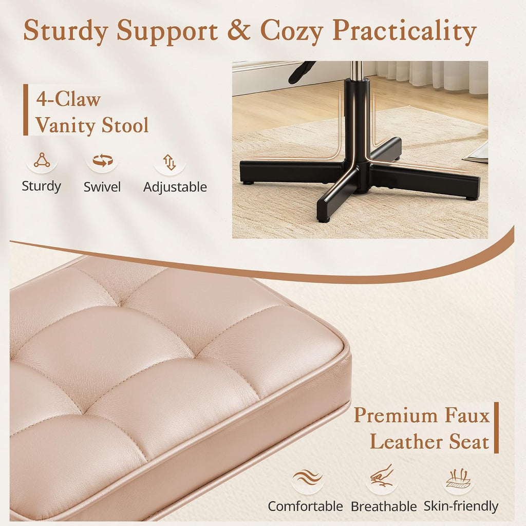 LUE BONA Adjustable Vanity Stool, 15''-19.5'' Foot Rest Under Desk, 360° Swivel Vanity Chair for Makeup Room, Rose Gold Upholstered Faux Leather Ottoman for Bathroom & Living Room, 300lbs - Image 4
