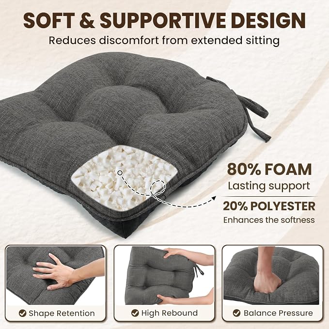 downluxe Indoor Chair Cushions for Dining Chairs, Tufted Overstuffed Textured Kitchen Chair Pads with Ties and Non-Slip Backing, 15.5" x 15.5" x 4", Dark Grey, 6 Pack - Image 3