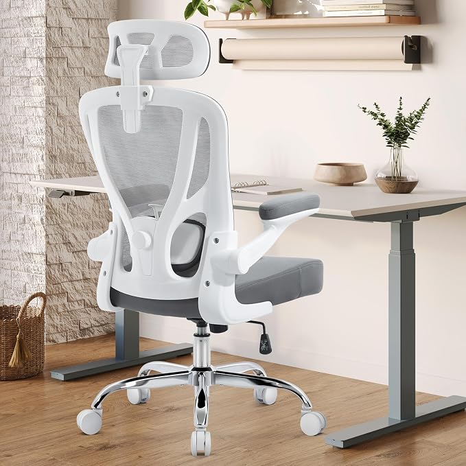 Ergonomic Office Chair, Mesh Office Desk Chair, Grey, 1 Pack | Lumbar Support, Head Support, Rocking Function, Flip-up Armrests, Mesh High Back, Suitable for Home, Office by Unknown