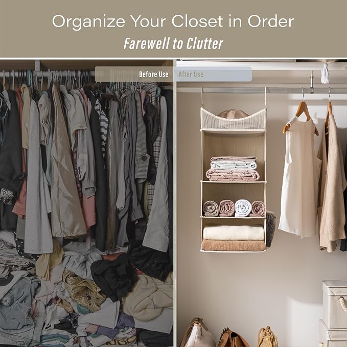 StorageWorks 3-Shelf Hanging Closet Organizer with Half Compartment, Ivory | Add More Storage to Small Closets with 3 Shelves, a Side Pocket and Half Compartment, Ideal for Bedrooms, Dorms and RVs. - Image 6