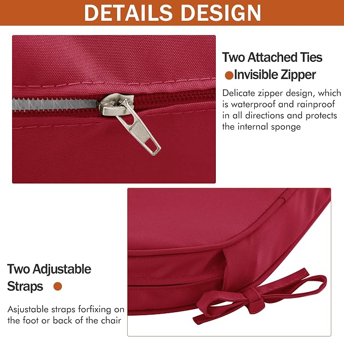 Outdoor Chair Cushions Set of 4, 17 x 16 Inch Waterproof Seat Pads | 3 Year Color Fastness Thick Patio Chair Cushion with Ties for Garden Lawn Sofa Couch, Burgundy - Image 9