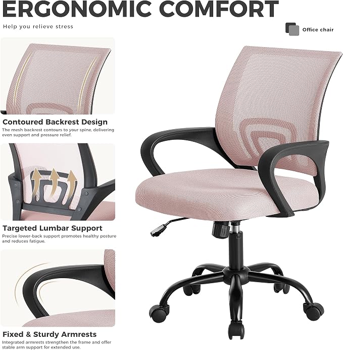 OLIXIS Ergonomic Office Chair, Home Desk Mesh Chairs, Lumbar Support | Height Adjustable, Fixed Armrest, Rocking Mode, 360 Swivel, Storage Back, Computer, Pink - Image 8