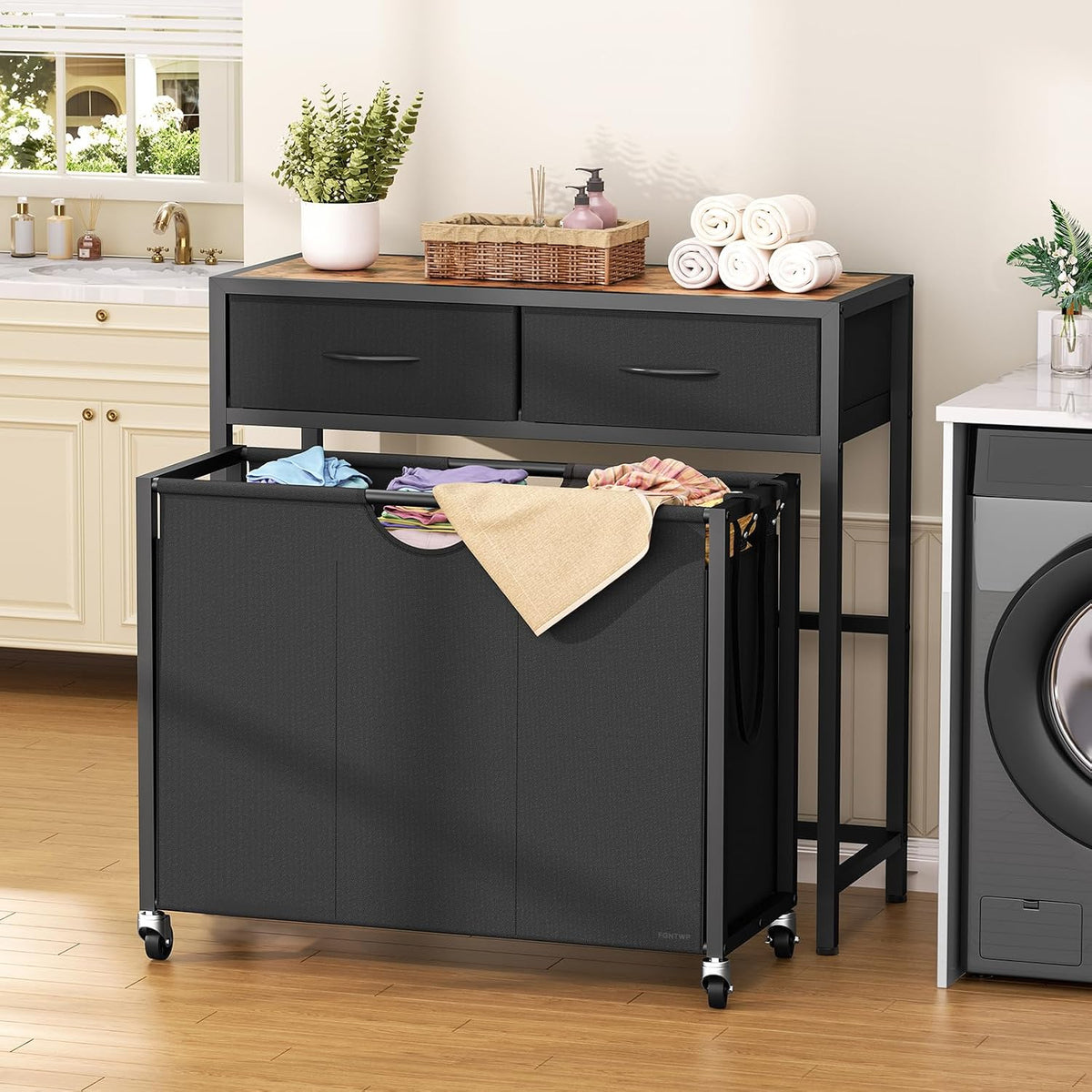 Laundry Sorter 3 Section with Tabletop & 2 Drawers, Rolling Laundry Hamper with Pull-Out and Removable Bags, Laundry Basket Organizer with Wheels and Shelf, Metal Frame Rustic Brown for Laundry Room - Image 4