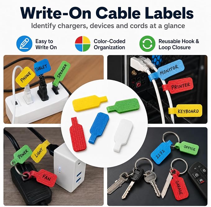 Cable Management Kit, 135 Pcs Reusable Cable Ties and Cord Labels | with Adhesive Cable Clips, Hook and Loop Straps for Under Desk Wire Organizer Home Office - Multicolor - Image 7