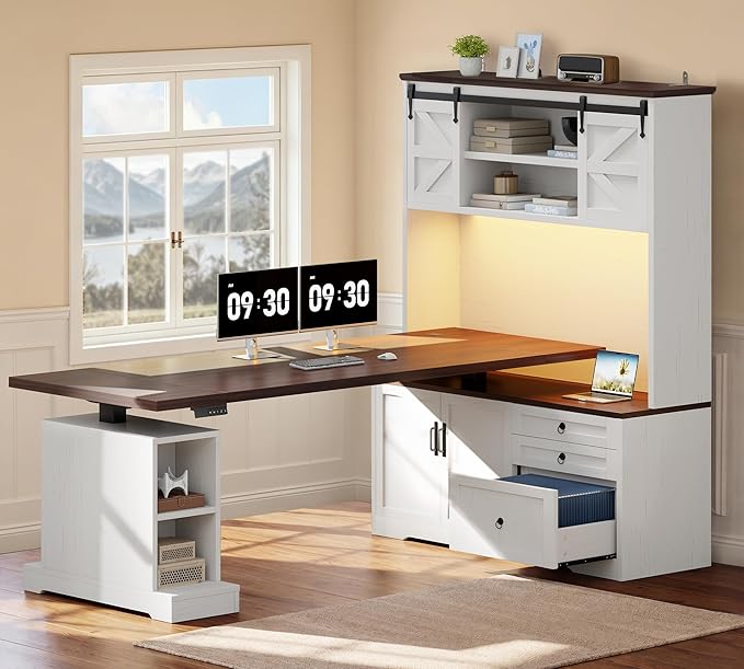 71" LED L Shaped Standing Desk with Hutch and Drawers White | Farmhouse Adjustable Corner Desk, Sit Stand Office Deskwith 4 AC Outlets & Type C, Executive Computer Desk with Cabinet by Homiflex