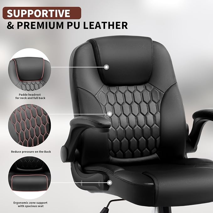 Leather Office Chair Swivel Lumbar Support for Short People Black | Executive Office Chair PU,Leather Office Chair with Wheels,360° Swivel Rolling Chair with Padded Arm,Ergonomic Computer Chair - Image 7