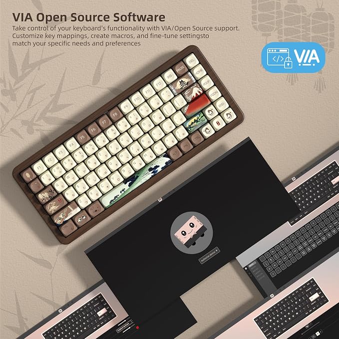 Womier 75% Wireless Creamy Keyboard with Wood Shell, QMK/VIA WD75 V2 | Retro Mechanical Gaming Keyboard 8000mAh Battery,Tri-Mode Custom Keyboard RGB Hot Swappable,MOA Japanese Keycap-Linear Switch - Image 3