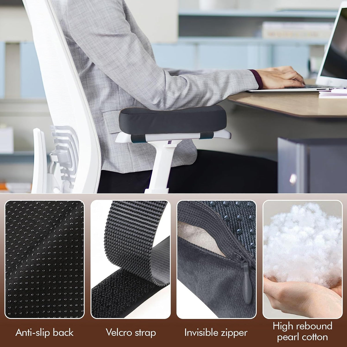 2-Pack Non-Slip Armrest Pads for Office & Gaming Chairs - Ergonomic Forearm Support Pillow for Desk, Computer & Wheelchair, Pressure Relief Cushions (Dark Gray) - Image 3