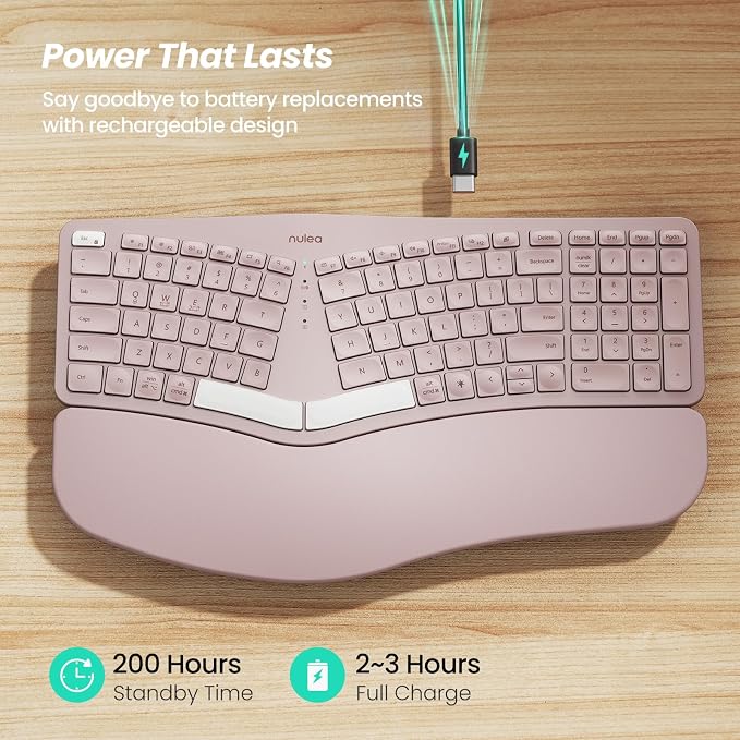 Nulea RT05 Wireless Ergonomic Keyboard, Split Keyboard with Wrist Rest, USB-C Charging, 7-Color Backlight, Natural Typing, Bluetooth and USB Connectivity, Compatible with Windows/Mac(Pink) - Image 3
