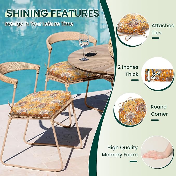 HARBOREST Outdoor Chair Cushions Set of 6, Water Resistant Patio Chair Cushions with Ties, Outdoor Seat Cushions for Patio Furniture, 17"x16"x2", Blooming - Image 3