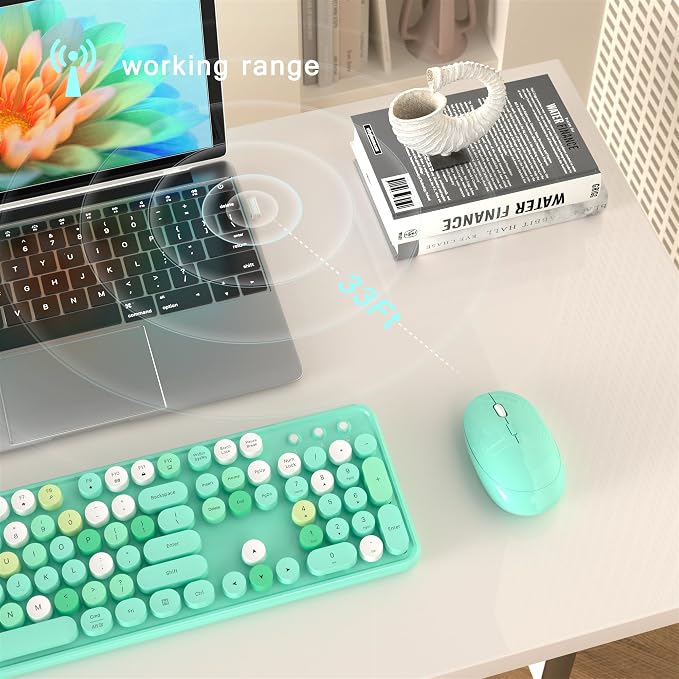 MPTOG Colorful Wireless Computer Keyboard and Mouse Combo (Green-Colorful) | Retro Round Typewriter Keycaps, Power Switch, Ergonomic Design, 2.4GHz Wireless for Windows, Mac, PC - Image 4