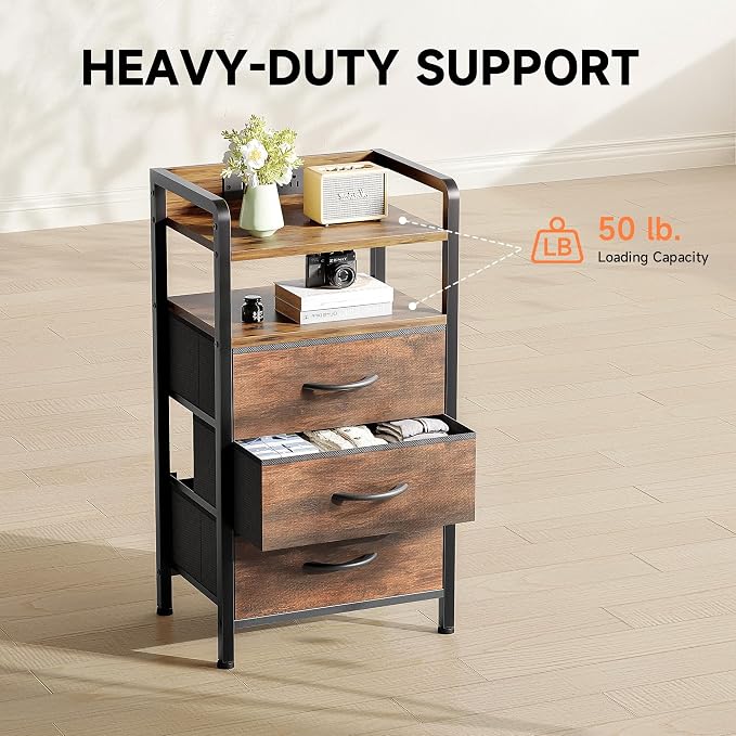 Lazzanto Nightstand with Rear Charging Station, LED Light, 3 Drawers, Brown | Industrial Nightstand, 2 USB-A Ports & AC Outlets, Raised Back Guard, Fabric Storage Drawers, Bedside Table for Bedroom, Dorm - Image 7