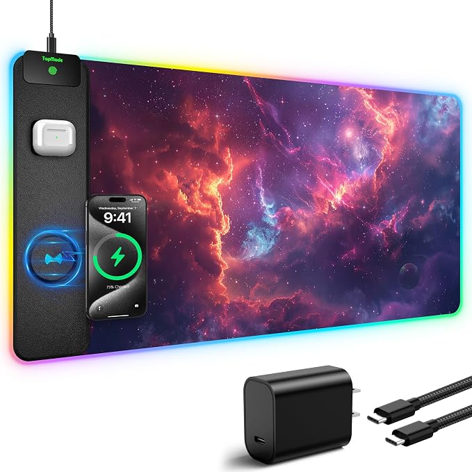 TopMade Wireless Charging Mouse Pad, RGB Gaming Mousepad Home Office Desk Pad, 31.5” x 15.8” Large Desk Mat, Waterproof Keyboard Pad, Red Nebula (Includes 20W PD Power Adapter & 6.56ft Woven Cable) - Image 2