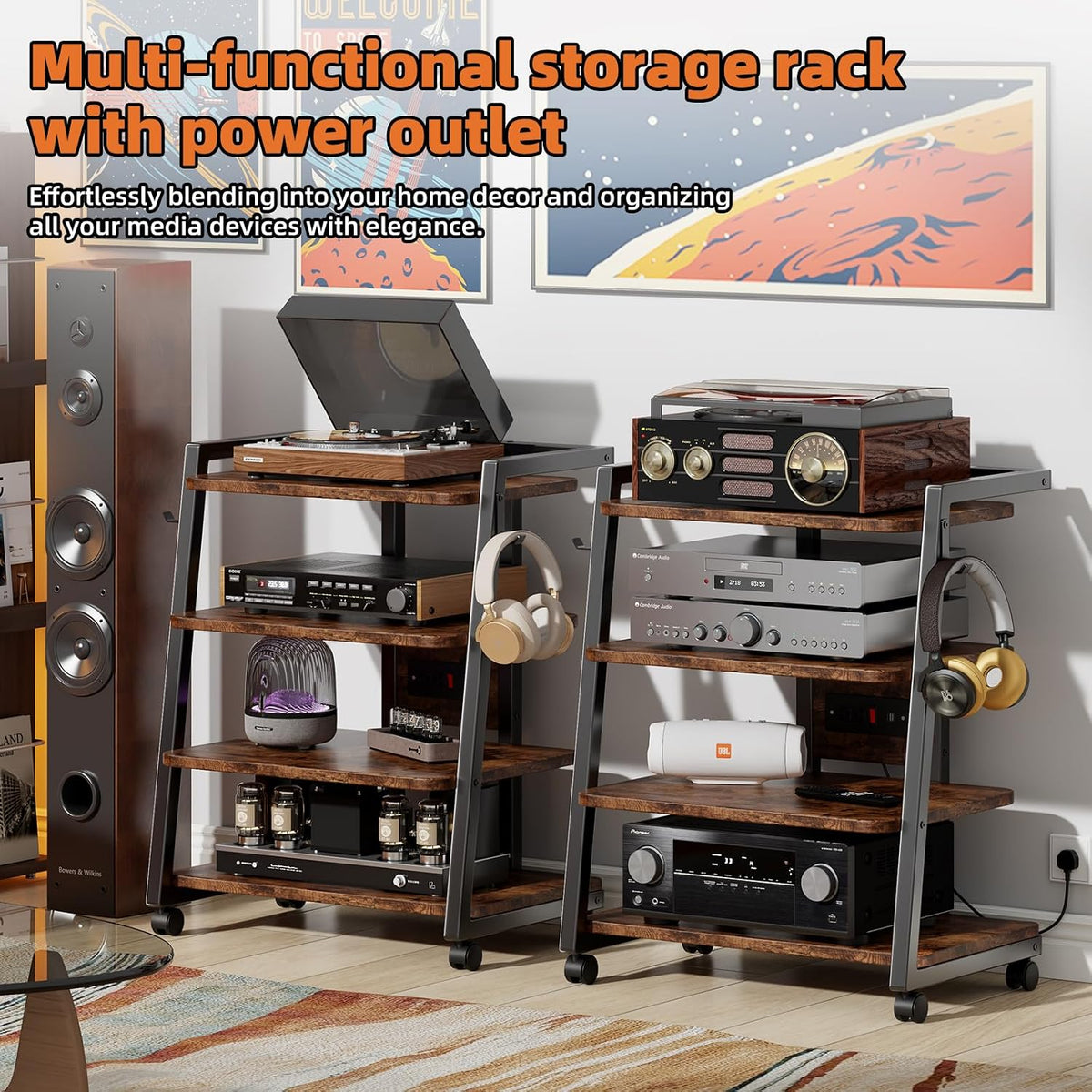 Mobile AV Media Stand with Outlets and 4 Rolling Caster Wheels - Image 7