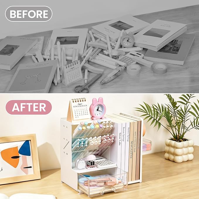 Sooez Desk Organizer with Bookends, Pegboard & Drawer, Pen & Pencil Holder | Desk Accessories with 5 Compartments, Teacher School Office Supplies, Dorm Room Organization Storage for Sticky Notes, Pink - Image 7