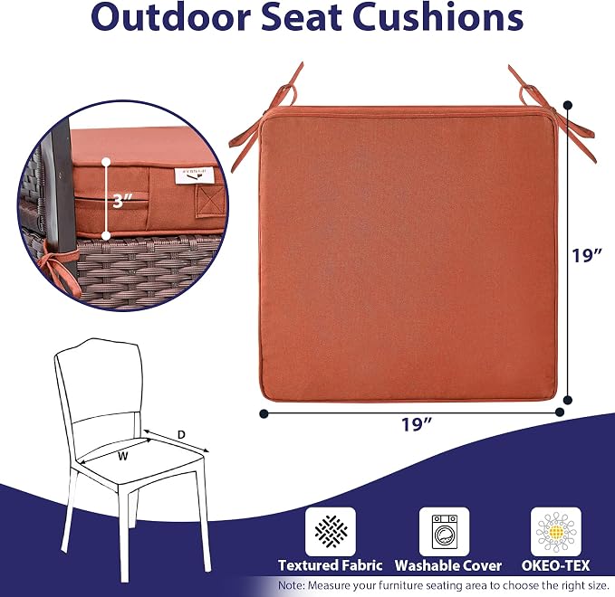 IPYNBAP Outdoor Chair Cushions Set of 4 -Waterproof Outdoor Seat Cushions for Patio Furniture, Patio Chair Cushion with Handle and Ties, Out Door Chair Pads,19x19x3-Square, Spice - Image 6