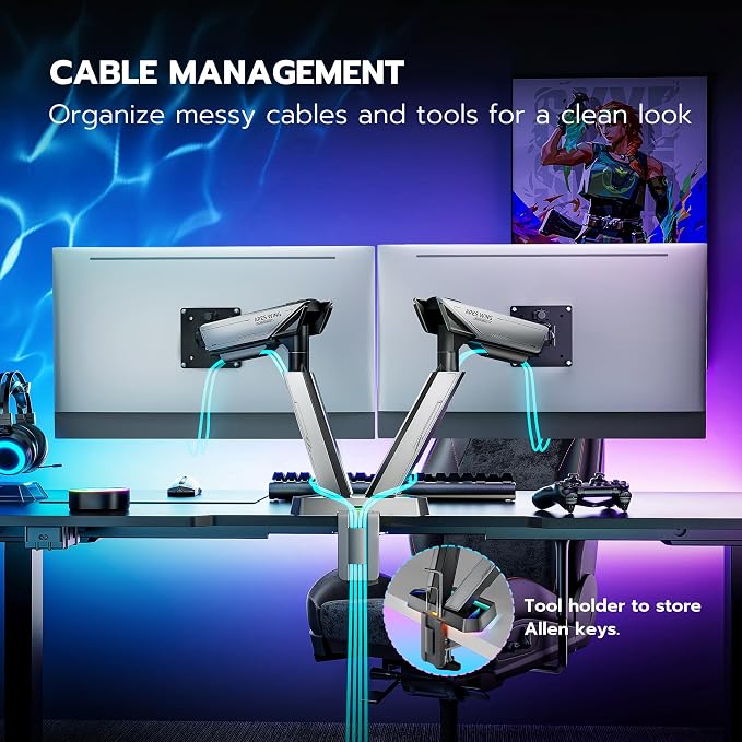 ARES WING RGB Dual Monitor Arm Desk Mount for 17-38 inch Monitors, Grey | Heavy Duty Dual Monitor Stand Holds 35.2 lbs, Adjustable Ultrawide Monitor Arm with Clamp & Grommet Base, 75/100 VESA - Image 5