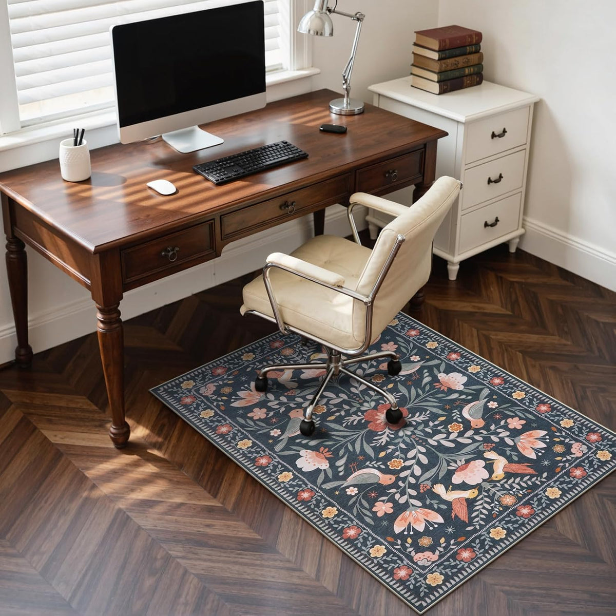 36"x48" Office Chair Mat for Hardwood Floor, Black Floral Computer Chair Mat, Anti-Slip Vintage Under Desk Rug for Office, Low Pile Bird Bug Office Rugs for Rolling Chairs by Anidaroel