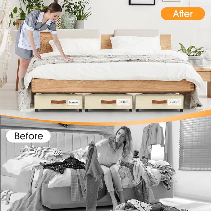 Under Bed Storage with Wheels 3Pack Storage Containers with Clear Window | Under Bed Drawers Rolling Under Bed Storage for Clothes,Shoes, Blankets (30.71 x 16.93 x 6.69 in, Beige) - Image 6