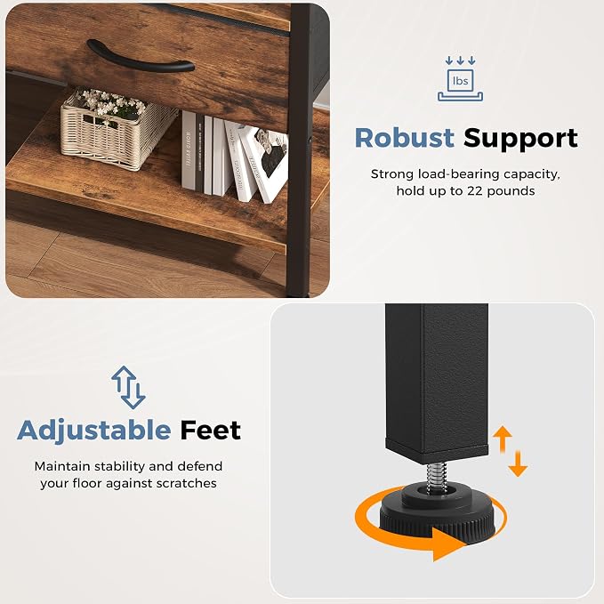 OLIXIS Nightstand with Charging Station, Beside Table with Fabric Drawer | 3-Tier End Table with 2 Storage Shelves,Night Stand with USB Ports and Outlets for Bedroom, Rustic Brown - Image 7